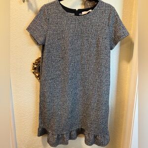 LOFT Black and Gray Tweed Midi Dress with Ruffle Hem